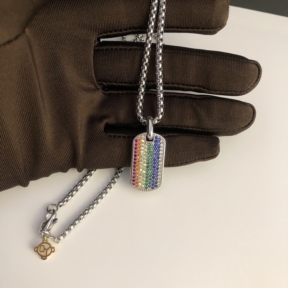 CHEVRON TAG IN STERLING SILVER WITH RAINBOW PAVÉ Men's and Women's Necklace